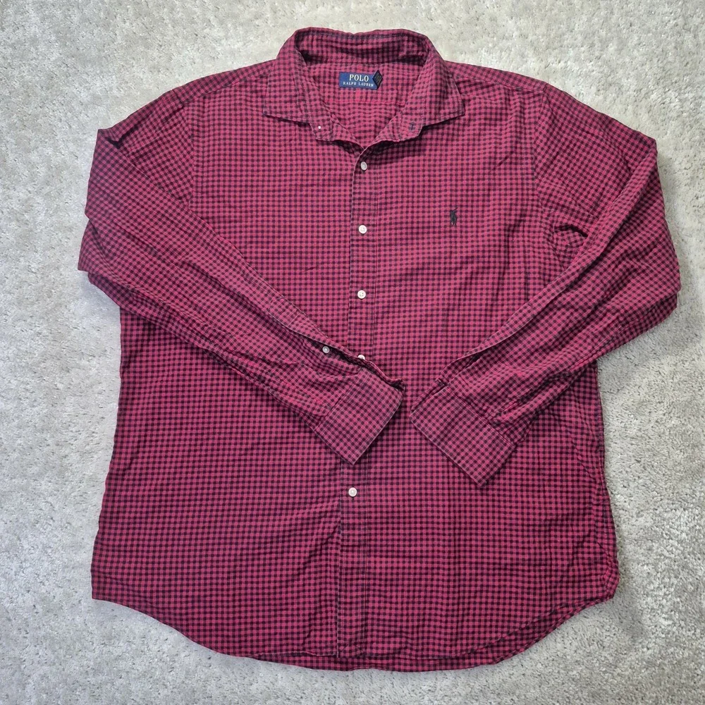 Polo Ralph Lauren Button Up Shirt Mens XL Red Buffalo Check Brushed Cotton Logo